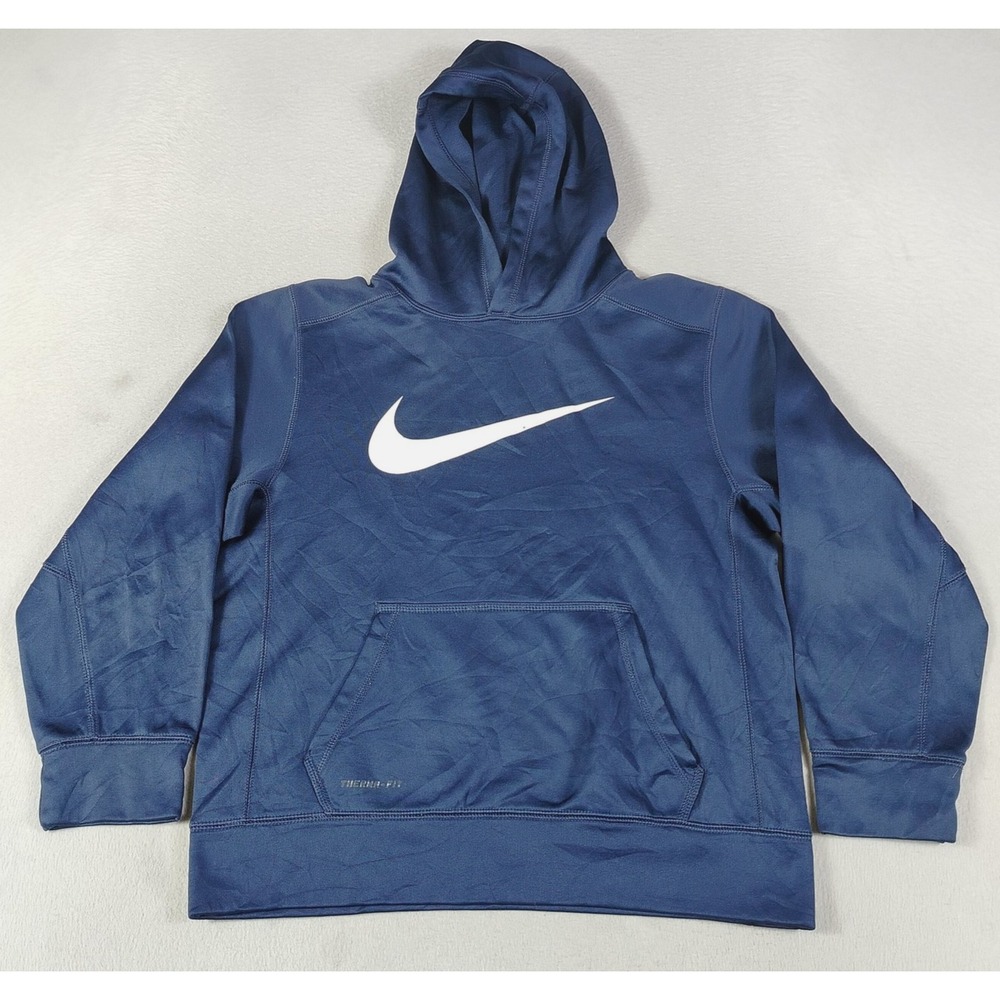Nike Hoodie Sweatshirt Youth Large Blue Therma-FIT Pullover Swoosh Logo Fleece